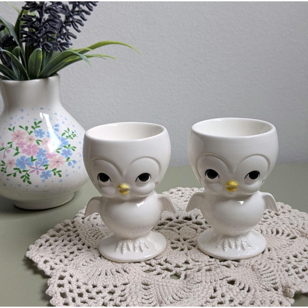 Vintage Owl Egg Cups‎ Set of 2 White Ceramic Owl Egg Holders